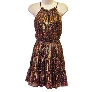 TRIXXI Brown/Gold Multi-Color Floral Halter Neckline Mini Dress w/Sheen, Large